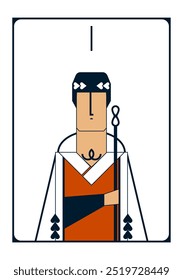 Simple vector geometric image of a tarot card of a magician with a staff in his hand in red and white colours 