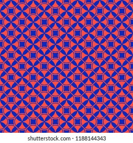 Simple vector geometric seamless pattern with crosses, circles, squares. Colorful funky style texture. Trendy bright colors, red and electric blue. Retro 80-90's fashion background. Repeating design
