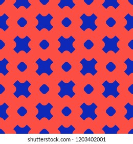 Simple vector geometric seamless pattern with circles and crosses. Colorful funky style texture. Trendy bright colors, red and electric blue. Retro 80-90's fashion background. Repeat design for decor