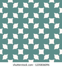 Simple vector geometric seamless pattern. Abstract ornament with curved shapes, squares, rhombuses, grid, net, repeat tiles. Elegant background texture in white and teal colors. Repeatable design