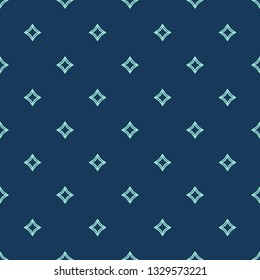 Simple vector geometric seamless pattern with diamond shapes, stars, rhombuses. Subtle minimal dark blue and turquoise background. Abstract minimalist texture, repeat tiles. Stylish modern design