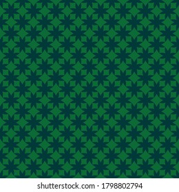Simple vector geometric seamless pattern with small flower shapes, crosses, grid, lattice, rhombuses, squares. Abstract geometrical ornament. Dark green floral background texture. Repeatable design