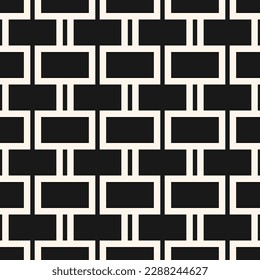 Simple vector geometric seamless pattern. Abstract monochrome background with lines, rectangles, grid, brick wall texture. Minimal black and white graphic pattern. Repeat geo design for decor, print