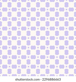 Simple vector geometric seamless pattern with small rounded shapes, flower silhouettes, squares, grid. Abstract white and lilac minimal ornament texture. Elegant repeated minimalist graphic background