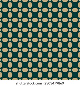 Simple vector geometric seamless pattern with small rounded shapes, flower silhouettes, mesh, grid. Abstract gold and dark green luxury ornament texture. Elegant repeated decorative graphic background