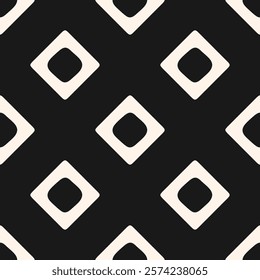 Simple vector geometric seamless texture. Abstract minimalist pattern with rounded perforated squares, repeat tiles. Black and white minimal background. Dark repeated design for printing, embossing