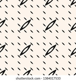 Simple vector geometric texture with small shapes, diagonal lines, seeds. Black and white minimal funky background. Abstract monochrome minimalist texture. Repeatable design for decor, print, wrapping