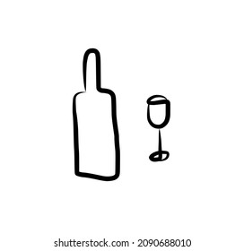 Simple vector glass of wine and bottle. Minimalistic illustration.