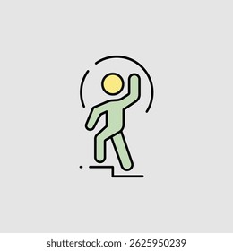 simple vector graphic depicting a person posing as he climbs a flight of stairs, one arm raised in a gesture that could be interpreted as a wave or a greeting