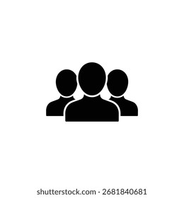 Eine einfache Vektorgrafik zeigt ein schwarzes Silhouettensymbol, das eine Gruppe von drei Personen darstellt, die Schulter an Schulter stehen und auf einem sauberen weißen Hintergrund stehen.