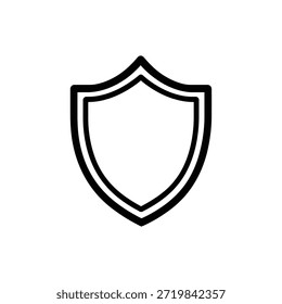 Um gráfico vetorial simples exibe um contorno de escudo em um fundo branco. O ícone é negrito e direto, representando proteção, defesa e segurança.