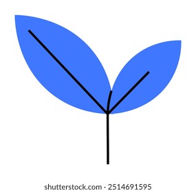 Gráfico vetorial simples com uma planta azul com duas folhas e caules pretos sobre um fundo branco. Os temas incluem natureza, botânica, minimalismo, crescimento e simplicidade.