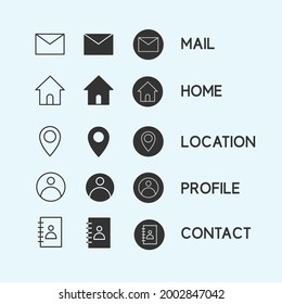 Simple vector graphic illustration of app icons, like home, profile, mail, location and contacts. Great for posters, banners, flyers, flyers, business, feeds, webinar posters, bus business