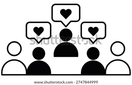 Simple vector graphic illustration depicts people showing appreciation for a central figure surrounded by hearts in speech bubbles, symbolizing community and admiration in a simple and effective design.