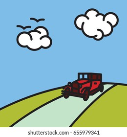 Simple vector graphic illustration of landscape with old style car. Colorful line art design.