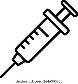 Ilustração gráfica vetorial simples de uma seringa médica, comumente usada para vacinas, injeções e administração de medicamentos aos pacientes.