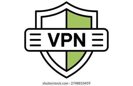 Simple vector graphic illustration of a shield with vpn text overlay symbolizing online security and privacy featuring a clean white and green color scheme representing protection and trust in digital cybersecurity measures.