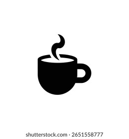Ilustração gráfica vetorial simples de uma xícara de café preto fumegante isolada em um fundo branco exibindo seu conteúdo quente, pronto para entregar o impulso de cafeína.