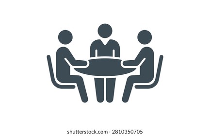 Simple vector graphic illustration of three people sitting around a table in a meeting or discussion