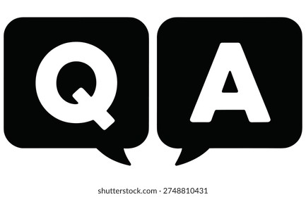 Simple vector graphic illustration of two black speech bubbles containing white letters q and a on a white background representing questions and answers in a clean design element suitable for various digital applications.