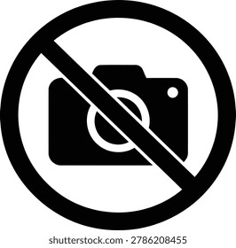 Simple vector graphic illustration of a universally recognized 'no camera' symbol, featuring a stylized camera icon crossed out within a bold circular design, indicating photography prohibition.