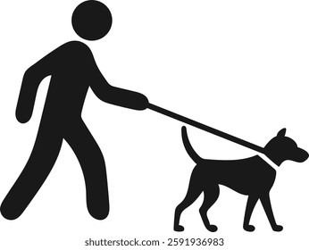Simple vector graphic of a person walking a dog on a leash.