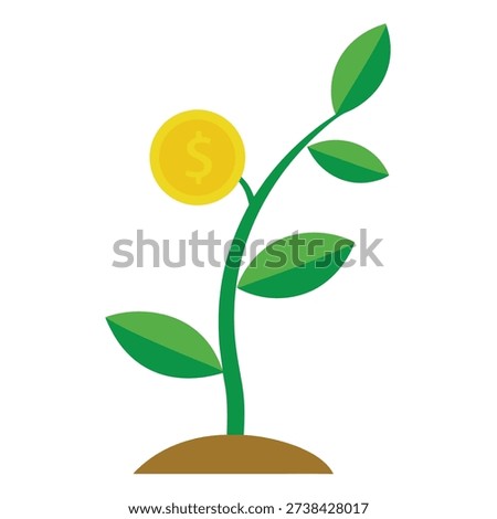 A simple vector graphic of a plant with a coin as a leaf, symbolizing financial growth, investment, and prosperity.