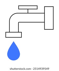 Simple vector graphic of a tap with a blue droplet of water. Ideal for themes of conservation, environment, resource management, sustainability, and water supply. Clean line art style.