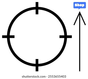 Simple vector graphic with a target symbol and an upward arrow pointing to a shop sign. Ideal for business growth, shopping navigation, marketing strategies, direction, and e-commerce. Minimalist