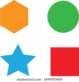  A simple vector graphic that features a variety of geometric shapes. Include colorful polygons, squares, and stars arranged in an eye-catching composition. The shapes should have a mix of bold.