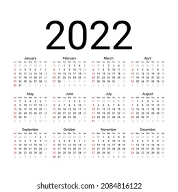 einfache Vektorgrafik der Kalendervorlage 2022 auf weißem Hintergrund. Geeignet für Büro, Firmenkalender, Industrie, Druck, Notenbuch, etc.