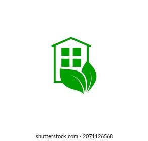 simple vector green web icon of multistory house built from natural eco materials