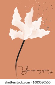 Simple vector greeting card and poster with a tender flower in a watercolor style. Inspirational quote You are my spring. Gentle peach color background. EPS10 vector.