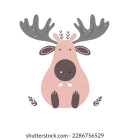 Simple vector grey baby moose. Nursery animal. Scandinavian style. Forest friends. Isolated on a white background.