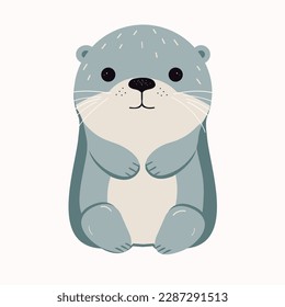 Simple vector grey baby otter. Nursery animal. Scandinavian style. Forest friends. Isolated on a white background