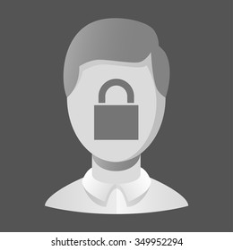 Simple vector grey user icon. Avatar sign. Grey hair. Faceless.  Closed user. Blocked people. Lock. Block.