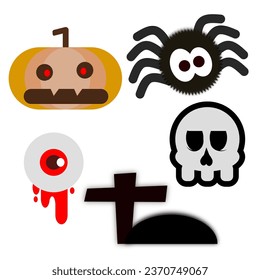 Simple vector Halloween set. pumpkin, skull, spider, eye ball and tomb.