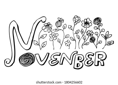Simple Vector Hand Draw Sketch Lettering, Hello November, with flower
