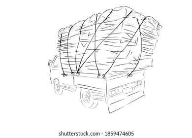 Simple Vector Hand Draw Sketch, Over Load or Used Cardboard Pickup Car
