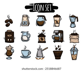 Simple vector hand drawn icon set related to coffee, drinks, cafe. Signs and symbols of coffee beans, coffee machine, accessories for making cappuccino, latte
