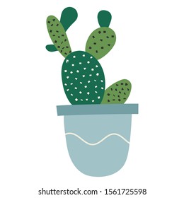 Simple vector hand drawn illustration of succulent cactus. Potted prickly pear opuntia houseplant, interior decoration, cute cartoon style