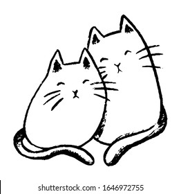 Simple vector hand drawn illustration. Cute cats love couple. Contour drawing isolated on a white background. Graphic doodles, sketching. Primitive style pictures for design, prints, card, posters etc