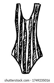 Einfache, handgezeichnete Vektorgrafik. Rutsch gestreifter Badeanzug aus einem Stück. Grafische Doodles, Skizze, Konturzeichnung einzeln auf Weiß. Primitives Einzelbild für Design, Druck, Karte, Plakat, Aufkleber.