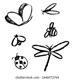 Simple vector hand drawn illustrations set. Cute various insects. Contour drawings collection isolated on white background. Graphic doodle, sketches. Primitive style pictures for design, print, card.