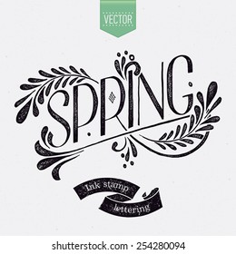 Simple vector hand drawn retro lettering design element on spring with floral decorative elements and ink stamp effect and subtle paper texture