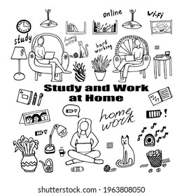 simple vector hand drawn set of girls studying and working at home 
