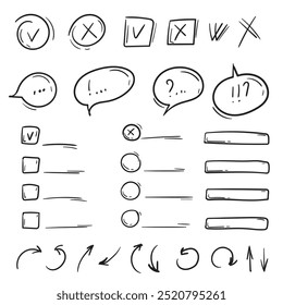 Simple vector hand drawn set of elements, dialog boxes, speech bubbles, arrows, check boxes, text boxes. Signs and symbols for website design, application, banners