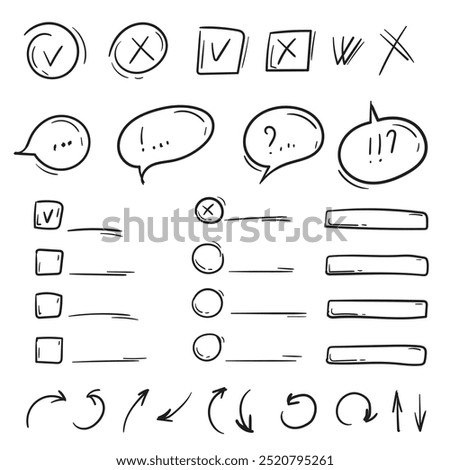 Simple vector hand drawn set of elements, dialog boxes, speech bubbles, arrows, check boxes, text boxes. Signs and symbols for website design, application, banners