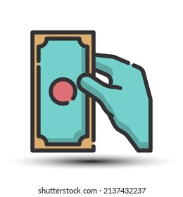 Simple vector hand and money filled line icon, business and finance and related concept small shadow on the white background