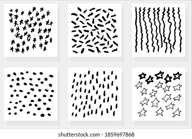 Simple vector hand-drawn black and white textures. Set of six grunge abstract patterns of dots, lines, spots, snowflakes and stars